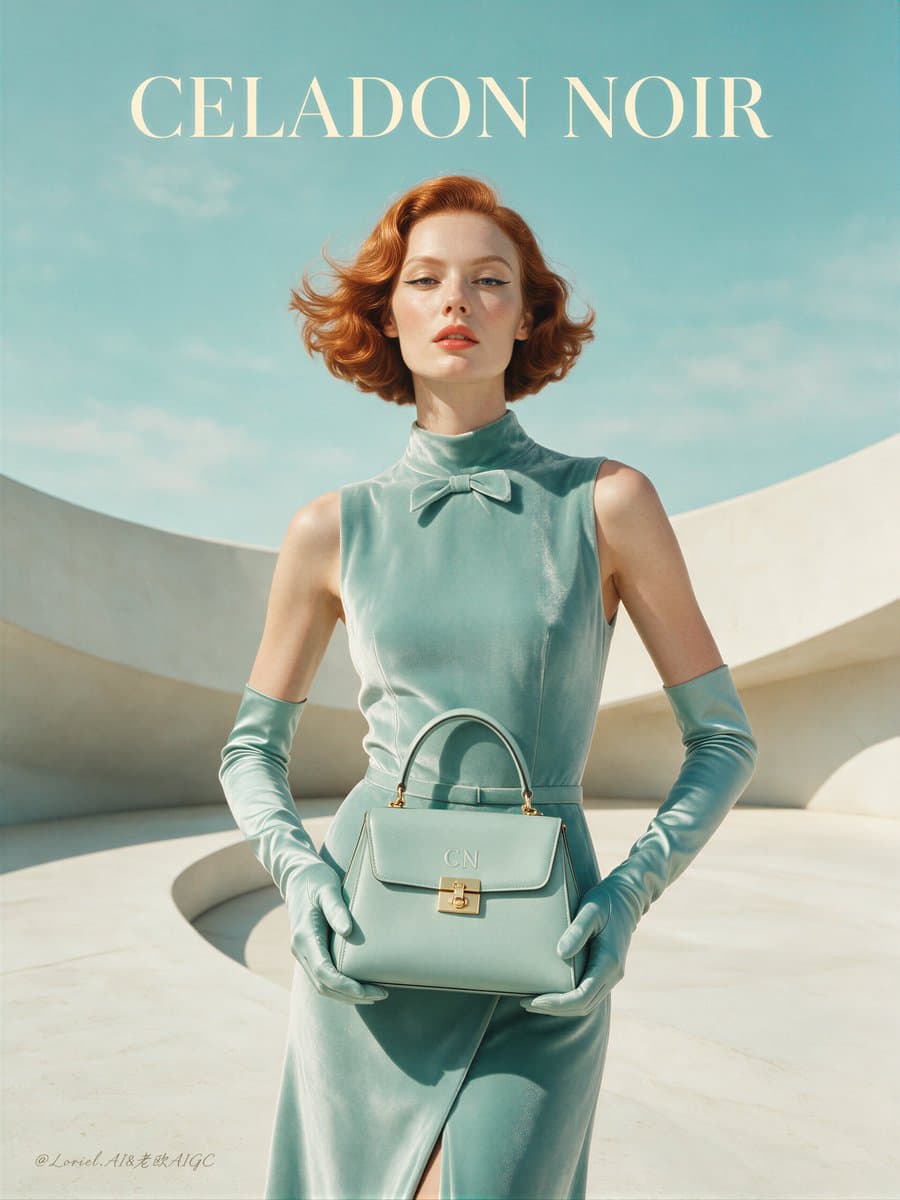 Fashion reference with a mint outfit and architectural background.