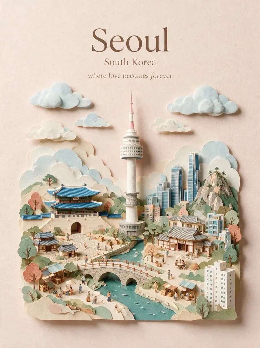 A Seoul poster built from layered cut paper with Namsan tower, tiled roofs and clouds.