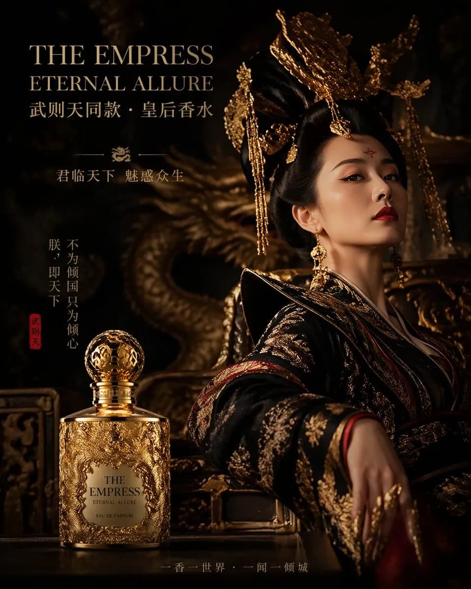 A fragrance advert in gold and bronze with a model in imperial dress and a gilded bottle.