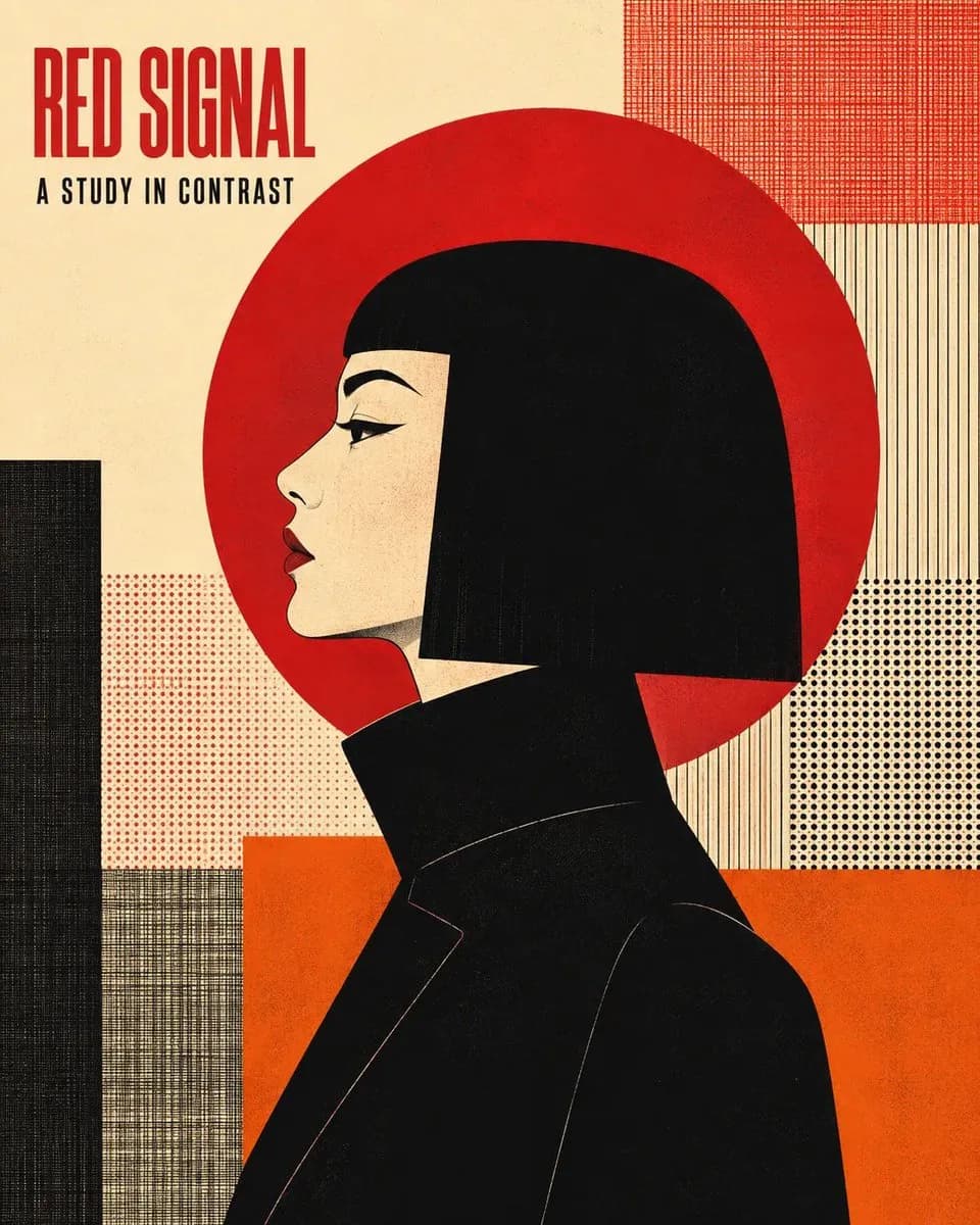 An illustrated poster of a profile portrait over red, cream and geometric blocks.