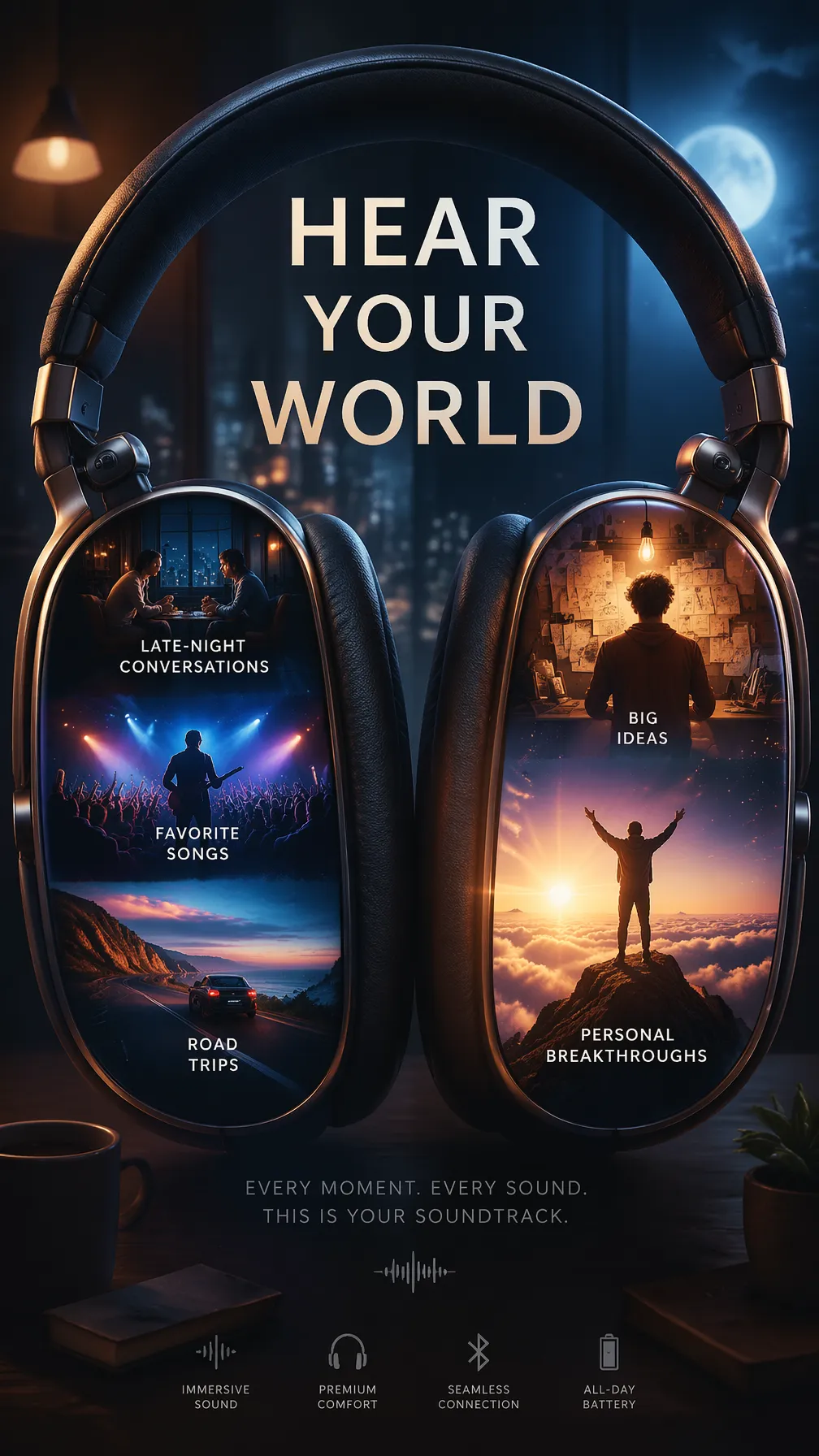A headphone advert whose earcups hold scenes of a concert, an open road and a sunrise.
