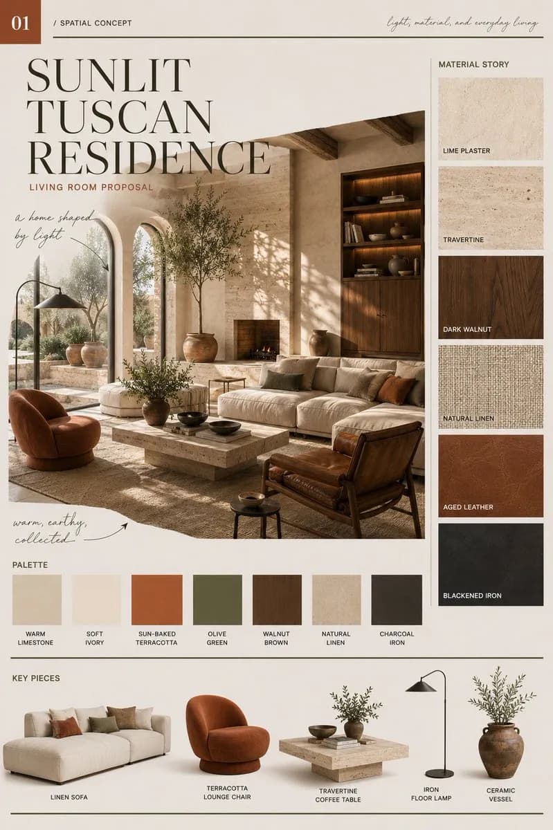 A Tuscan living-room proposal beside swatches of wood and plaster.