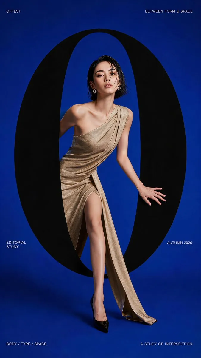 A fashion shot in deep blue with a model in gold standing inside a black circle.