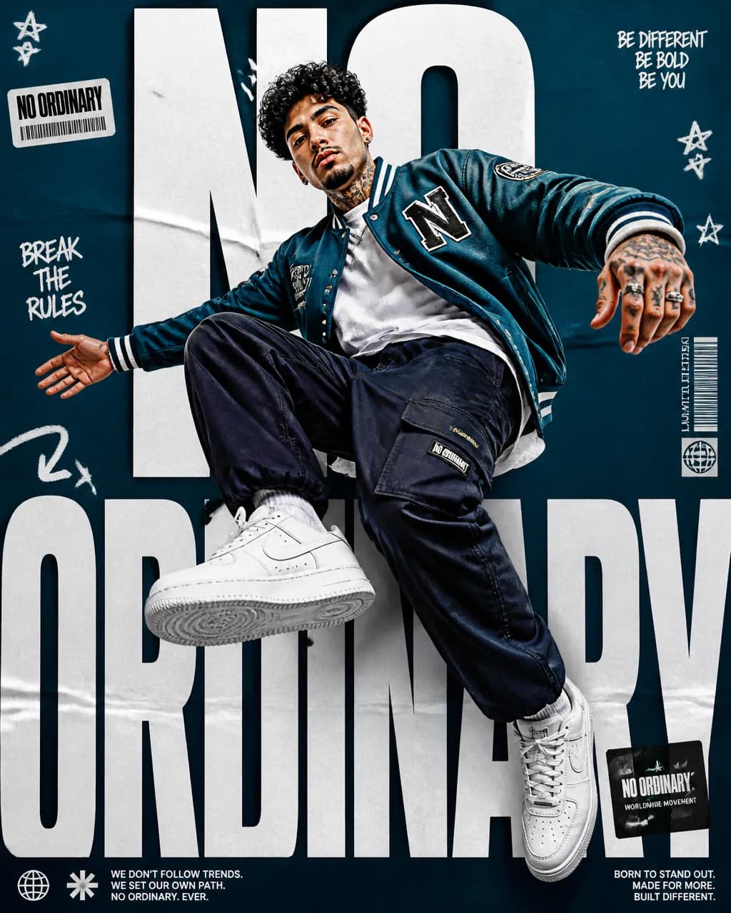 A streetwear poster with a mid-air pose, an oversized NO and cut-out stickers.